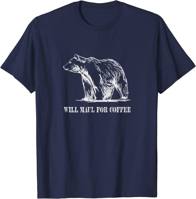 Retro Grizzly Bear “Will Maul for Coffee” Funny T-Shirt Navy