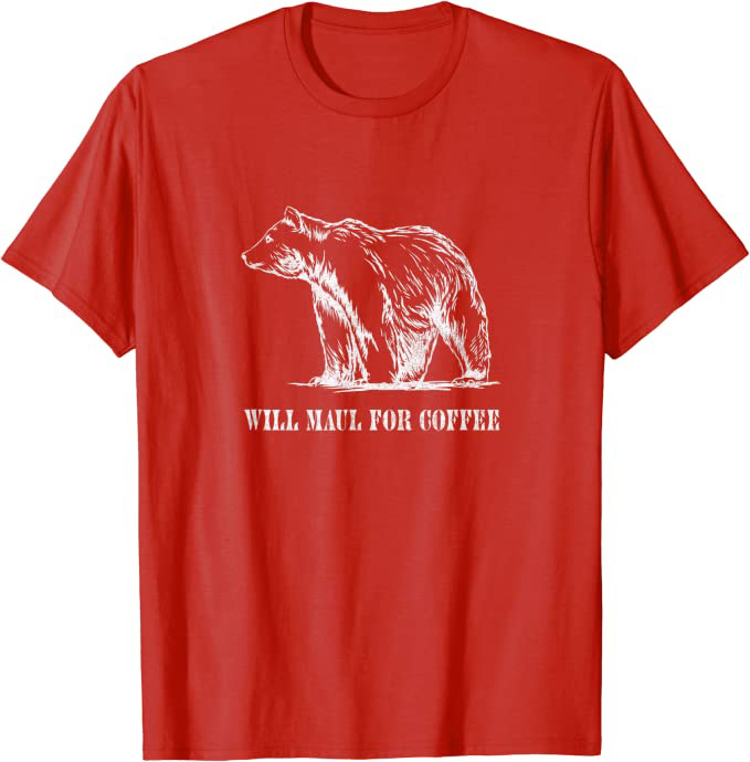 Retro Grizzly Bear “Will Maul for Coffee” Funny T-Shirt Red