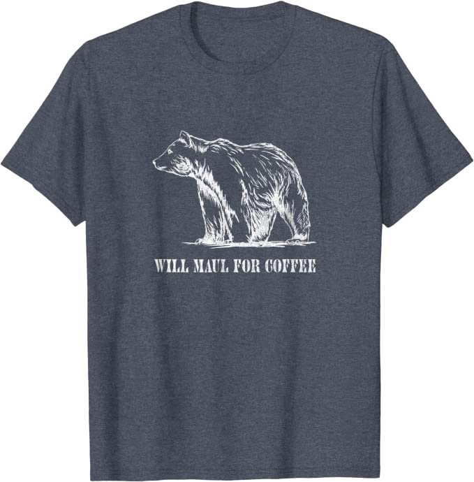 Retro Grizzly Bear “Will Maul for Coffee” Funny T-Shirt Heather Blue