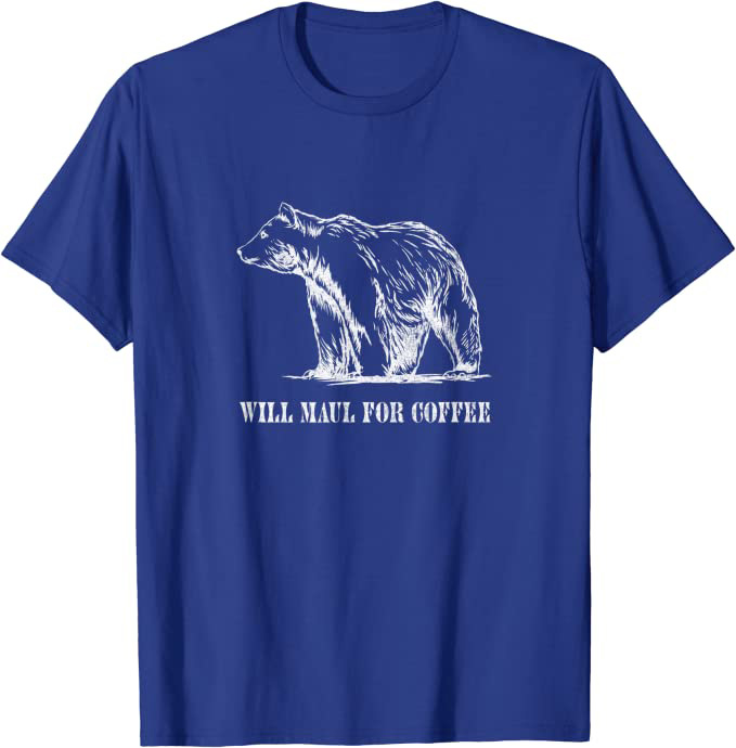 Retro Grizzly Bear “Will Maul for Coffee” Funny T-Shirt Heather Royal Blue