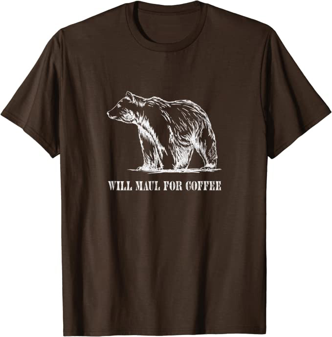 Retro Grizzly Bear “Will Maul for Coffee” Funny T-Shirt Heather Brown