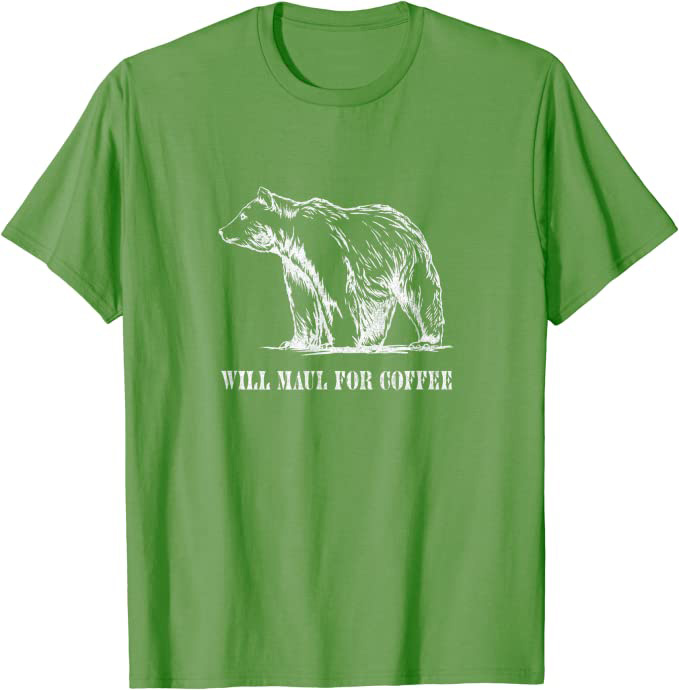Retro Grizzly Bear “Will Maul for Coffee” Funny T-Shirt Grass