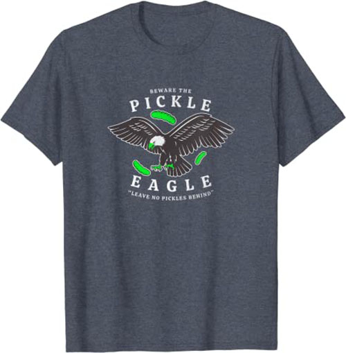 Retro Pickle Eagle “Leave No Pickles Behind” Funny T-Shirt Heather Blue