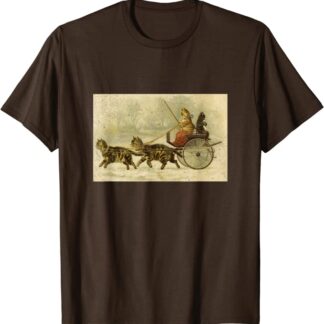 Bizarre Cats Pulling Carriage Vintage Design T-Shirt Brown