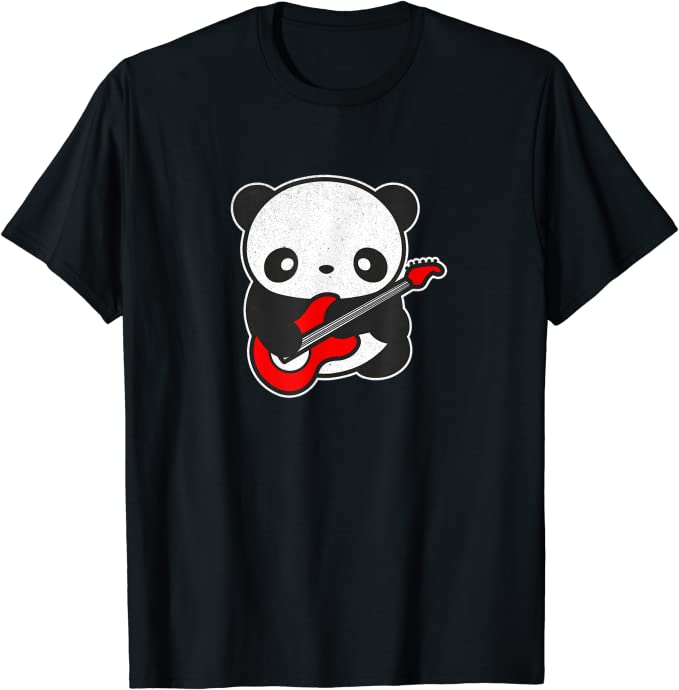 Kawaii Panda Playing Electric Guitar by Turbo Volcano T-Shirt Black
