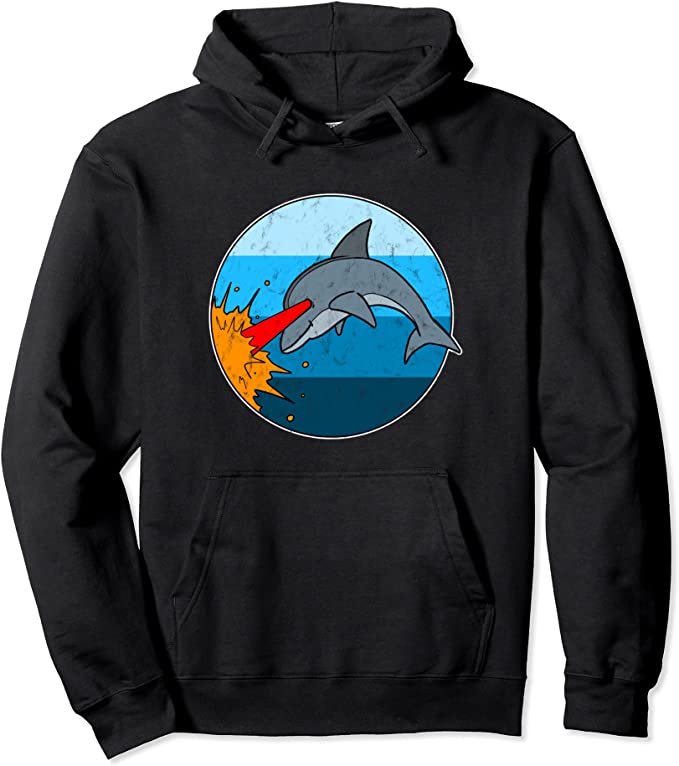 Retro 80s Laser Dolphin Vintage Design by Turbo Volcano Pullover Hoodie Black