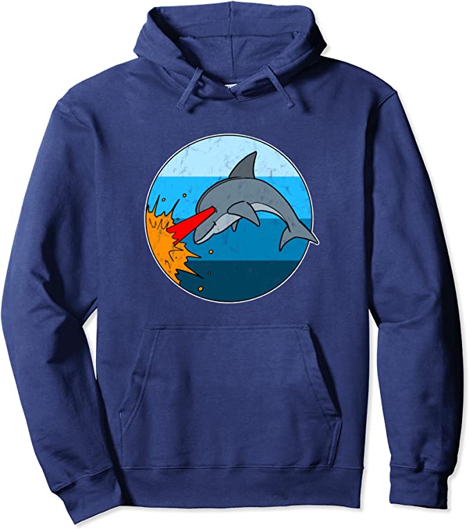 Retro 80s Laser Dolphin Vintage Design by Turbo Volcano Pullover Hoodie Navy
