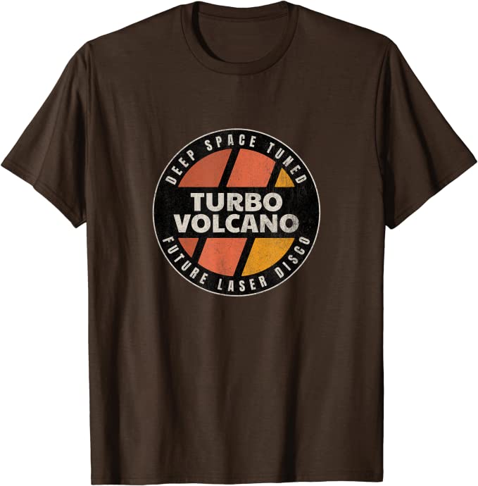 Retro Turbo Volcano “Space Tuned Future Laser Disco” 1980s T-Shirt Brown