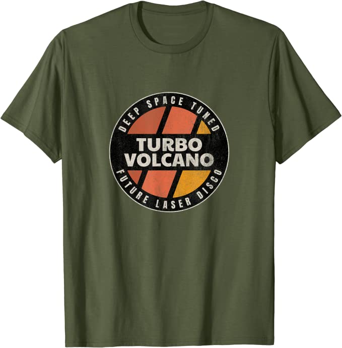 Retro Turbo Volcano “Space Tuned Future Laser Disco” 1980s T-Shirt Olive