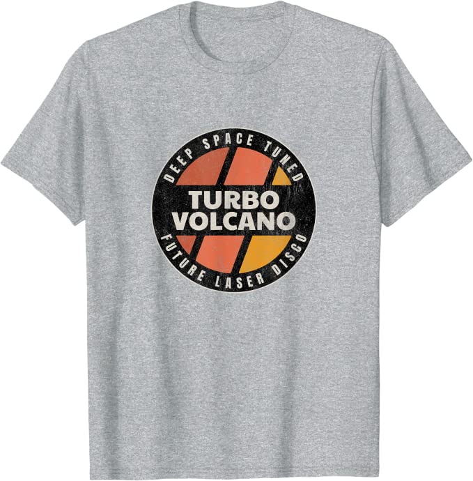 Retro Turbo Volcano “Space Tuned Future Laser Disco” 1980s T-Shirt Dark Athletic Grey