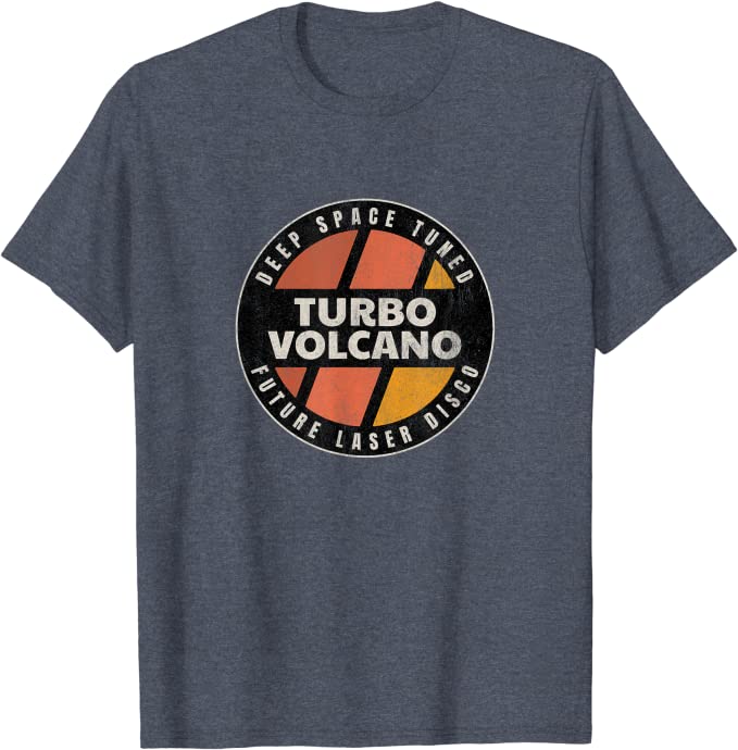 Retro Turbo Volcano “Space Tuned Future Laser Disco” 1980s T-Shirt Dark Heather Blue