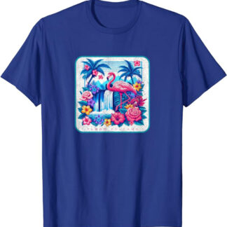 Tropical Flamingo Retro 1980s Beach Paradise Design T-Shirt Blue