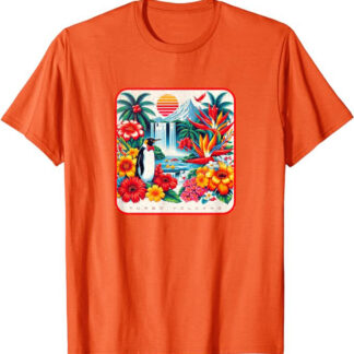 Tropical Penguin Paradise Retro 1980s Floral Beach Design T-Shirt Orange