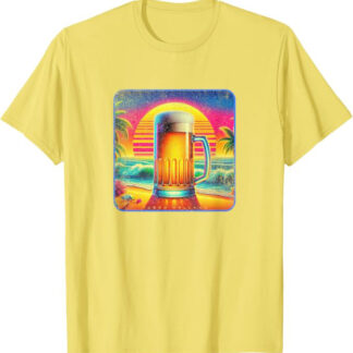 Retro 1980s Beer Stein with Sunset on the Beach Design T-Shirt Yellow