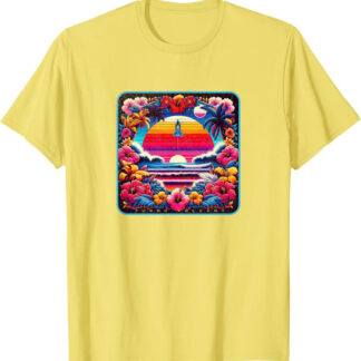 Retro 1980s Beach Design with Flowers and Space Shuttle T-Shirt Yellow
