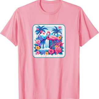 Tropical Flamingo Retro 1980s Beach Paradise Design T-Shirt Pink