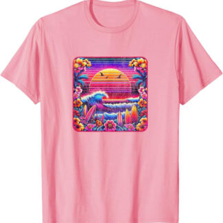 Retro 1980s Tropical Floral Paradise Beach Design T-Shirt Pink