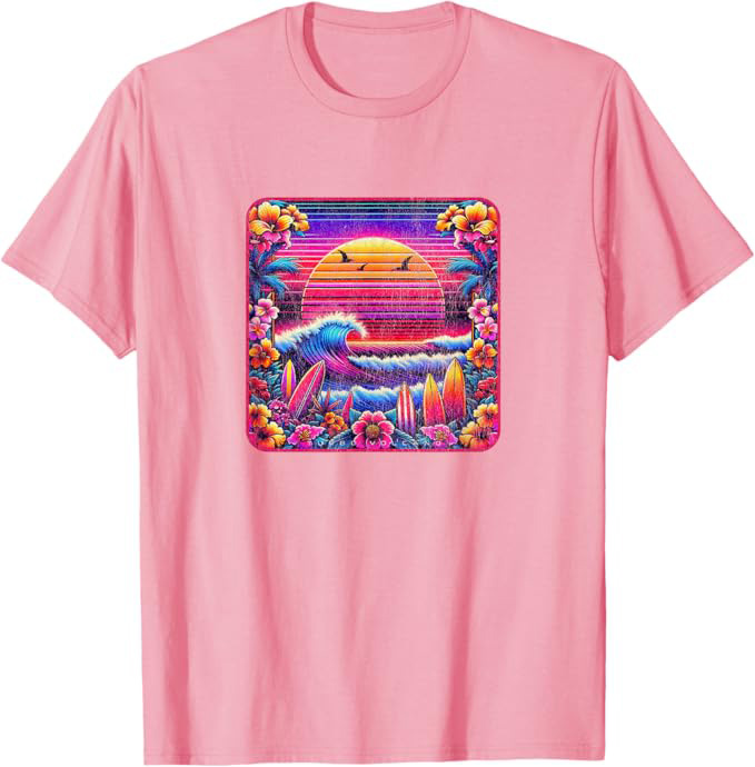 Retro 1980s Tropical Floral Paradise Beach Design T-Shirt Pink