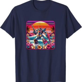 Retro 1980s Beach Design with Anime Robot Mecha T-Shirt Navy