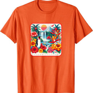 Tropical Penguin Paradise Retro 1980s Floral Beach Design T-Shirt Orange