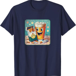 Happy Beer and Cigarettes Retro Advertising Design T-Shirt Navy