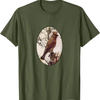 Retro Antique Cedar Waxwing Vintage Bird Design T-Shirt Olive